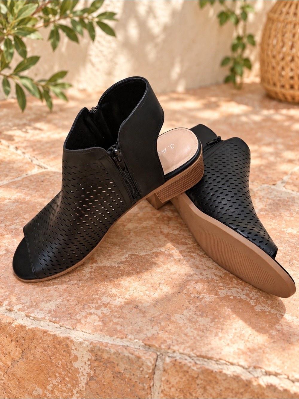 J. Adams Black Perforated Leather Open Toe Slingback Block Heel NWT (B/12)